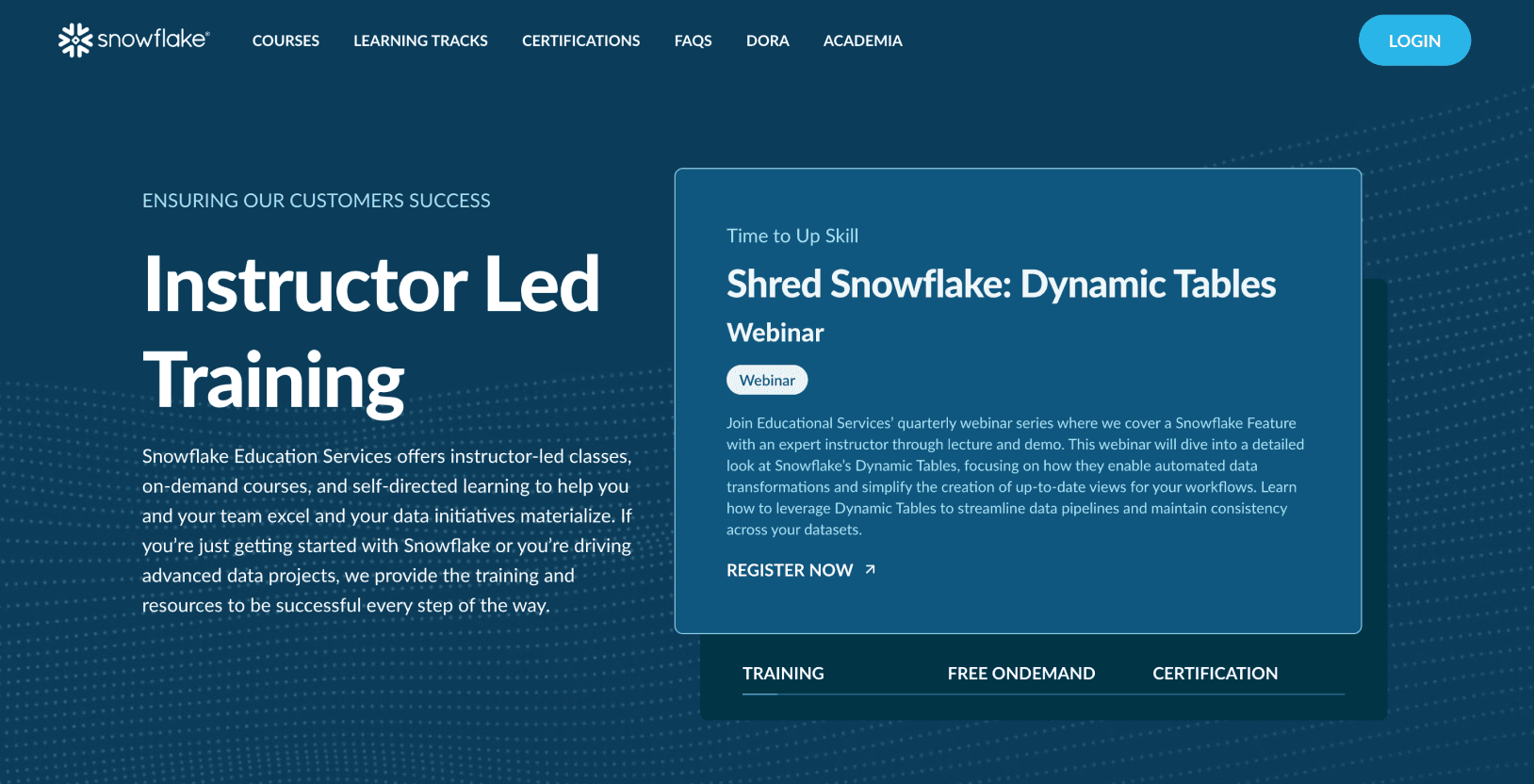 A hero component from the Snowflake University website.