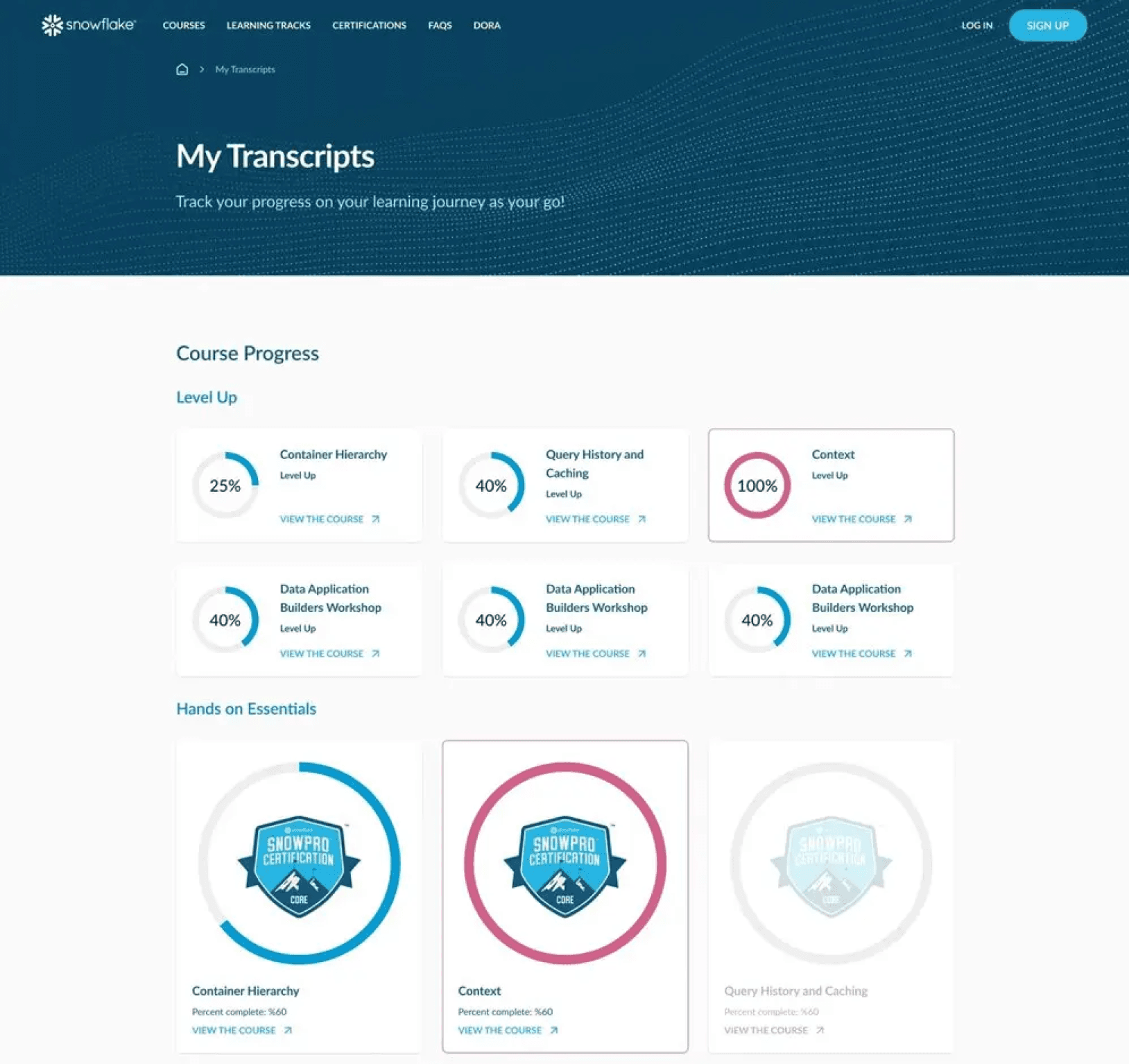 Transcripts page tracker from the Snowflake University website.