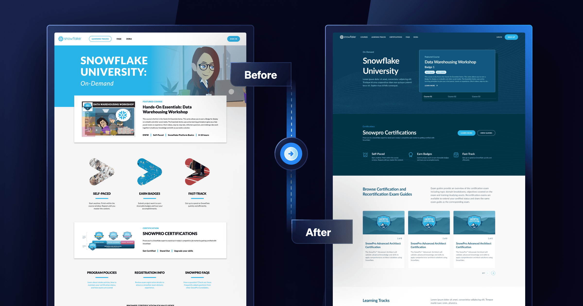 Before and after image of the main Snowflake University page.