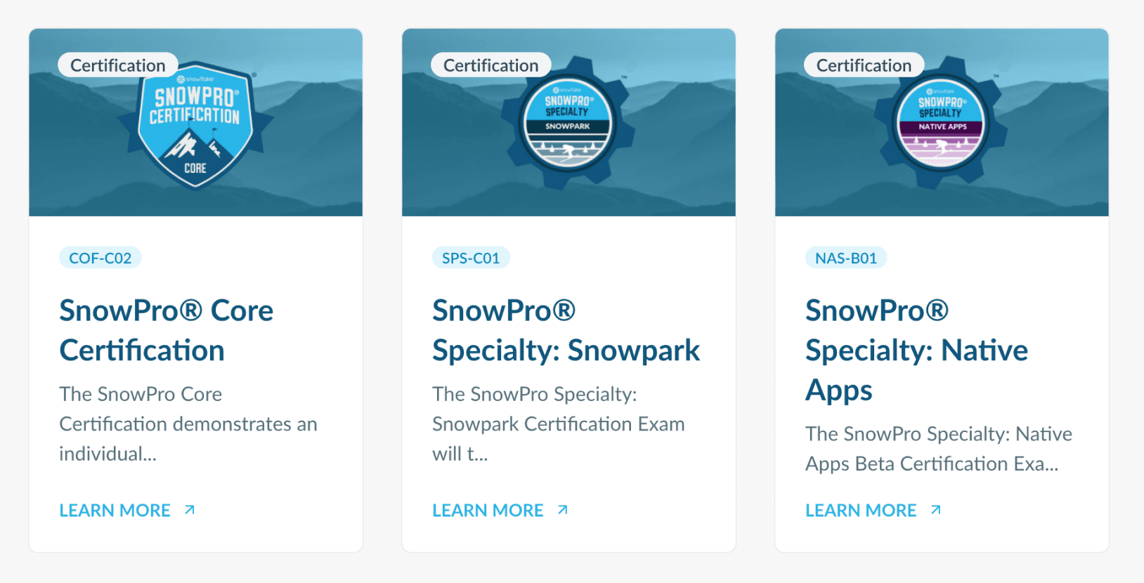 A card deck from the certification listing page on the Snowflake University website.